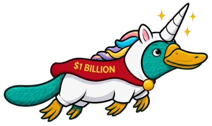Gus the platypus dressed as a unicorn company, with a $1 billion sash