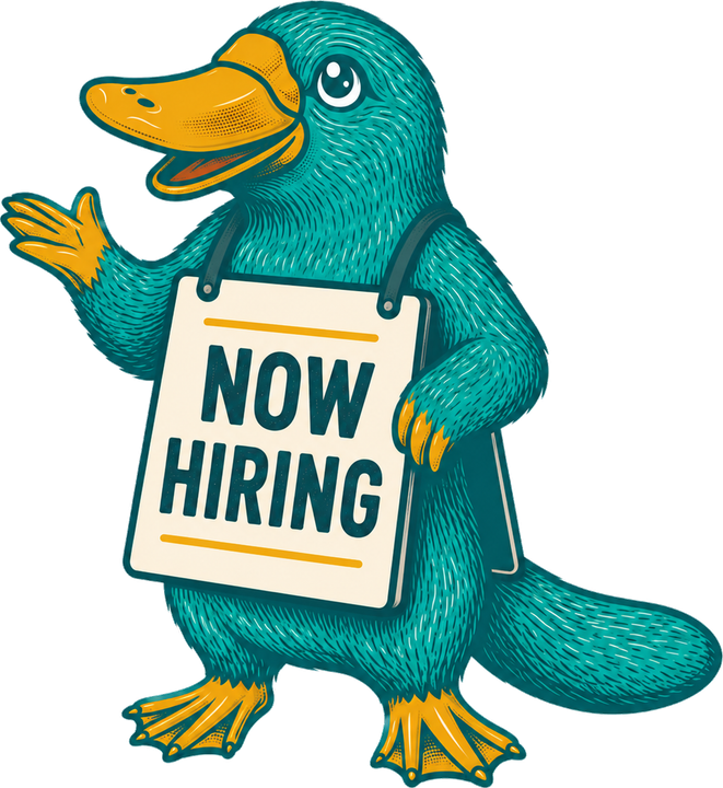 Cartoon platypus holding a Now Hiring sign and a clipboard of applications